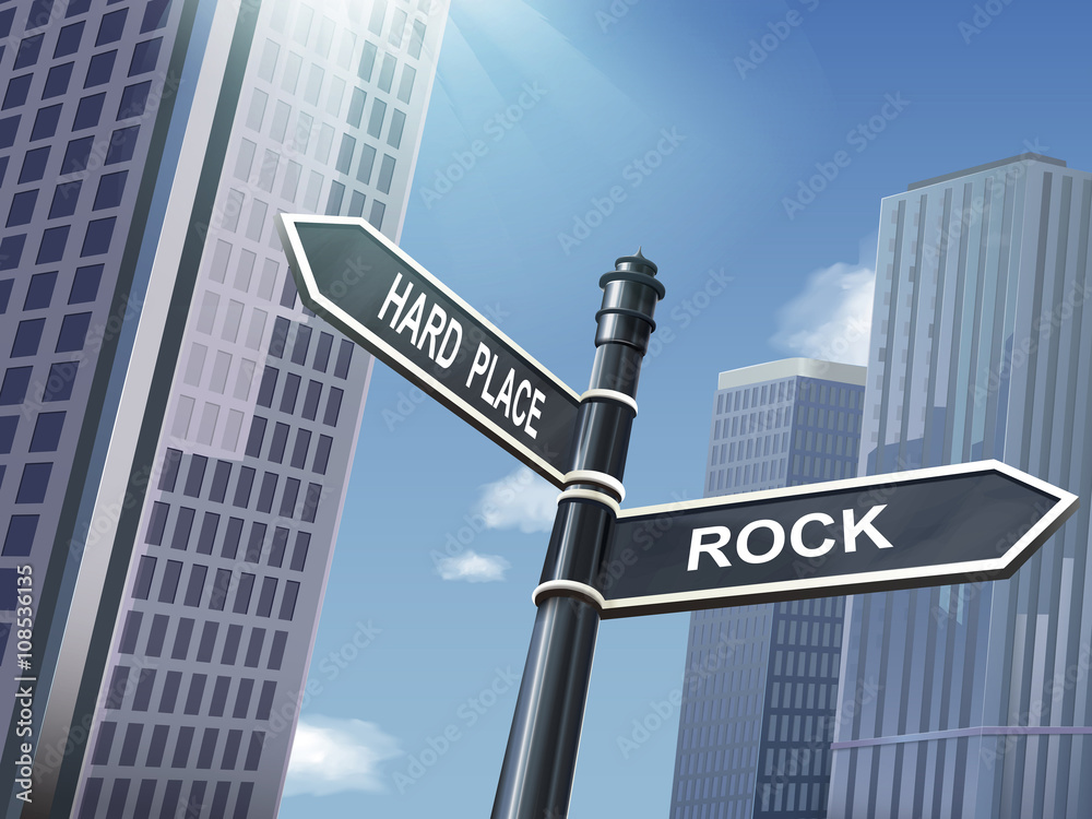 3d road sign saying rock and hard place