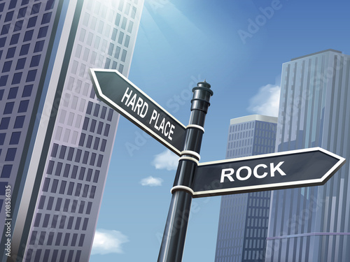 3d road sign saying rock and hard place