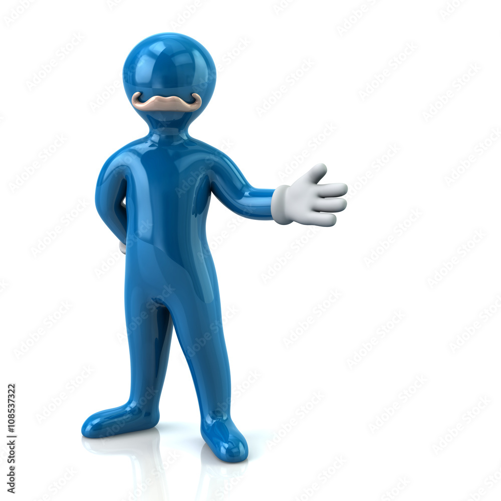 Blue man with mustache and arm out in a welcoming gesture Blue man with mustache and arm out in a welcoming gesture