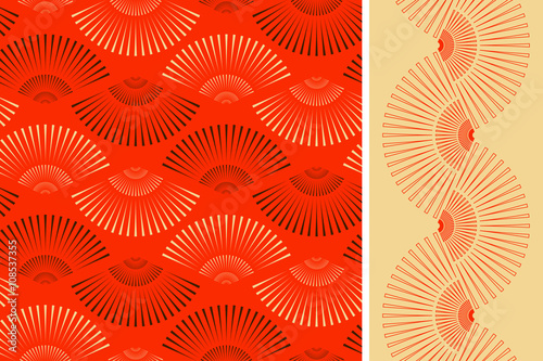 2 Japanese style fan shape seamless patterns in ivory and red