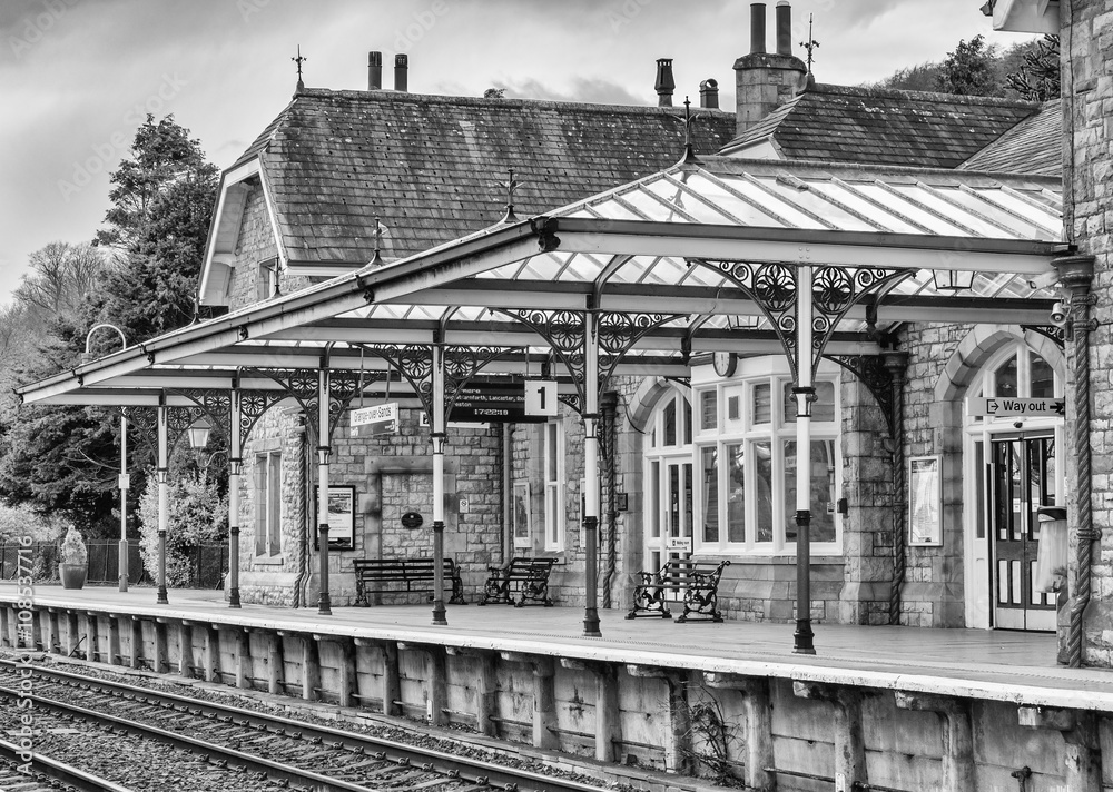 Grange-over-sands, Cumbria, UK. April 5th 2016. Preserved railway station platform at Grange-over-sands railway station, Cumbria, UK