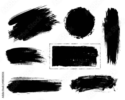 Set of black paint, ink brush strokes.