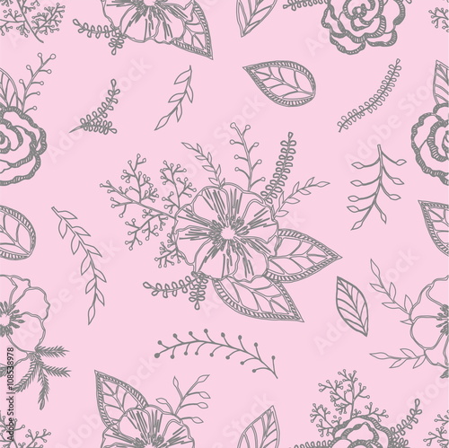 grey and pink seamless vector pattern with anemones, roses and leaves on a delicate pink background