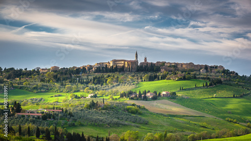 Spring landscape of Tuscany overlooking the medieval town of Pie