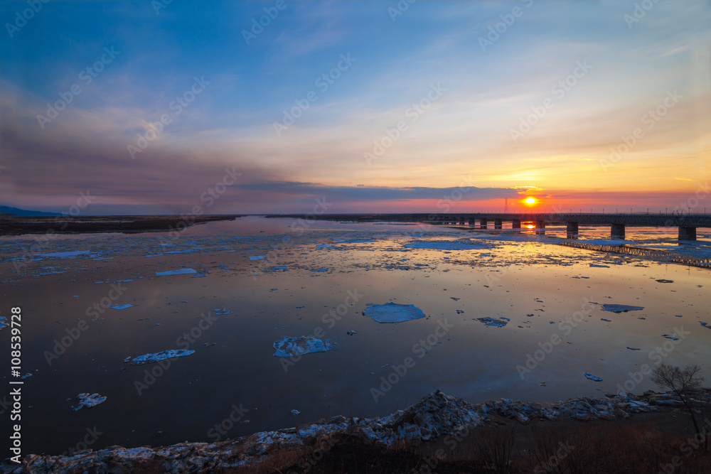 Floating of ice on Amur river in Khabarovsk, Russia