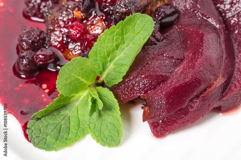 Obraz premium Grilled foie gras with stewed pear.