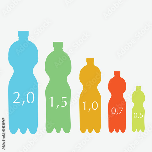 Set of 5 bottles of different volume, 2 litres, 1,5 litres