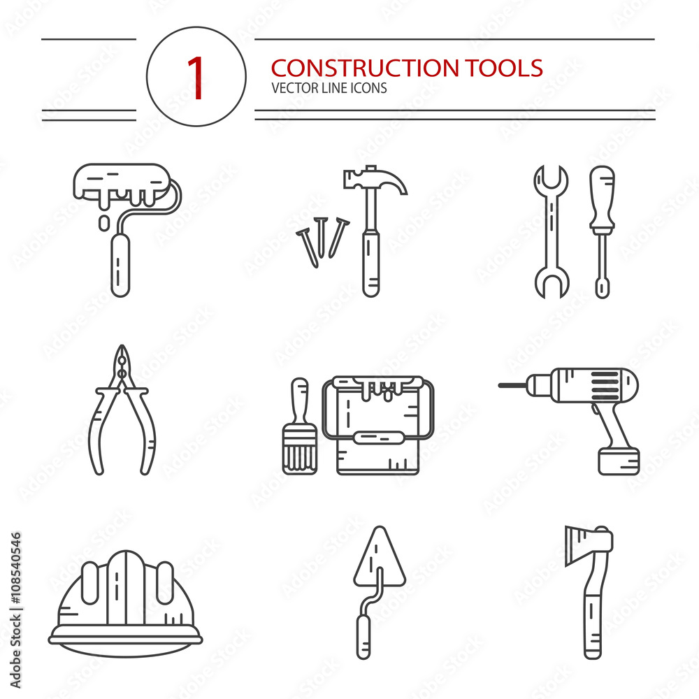 Vector modern line style icons set of construction tools: hammer and nails, screwdriver, wrench, pliers, paint roller, paint bucket, brush, ax, drill, spatula, helmet. Isolated on white background. Vector modern line style icons set of construction tools: hammer and nails, screwdriver, wrench, pliers, paint roller, paint bucket, brush, ax, drill, spatula, helmet. Isolated on white background.