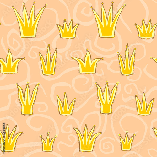 Seamless vector pattern with crowns of different shapes and wavy ornament on background © valeria_hmarka