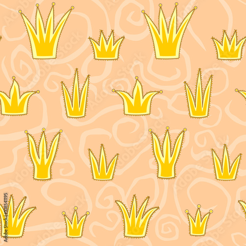 Seamless vector pattern with crowns of different shapes and wavy ornament on background
