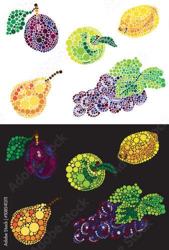 Fruit from circles apple pear plum lemon and grapes