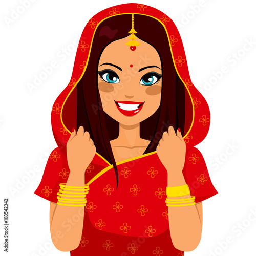 Beautiful brunette indian woman smiling happy with traditional red sari