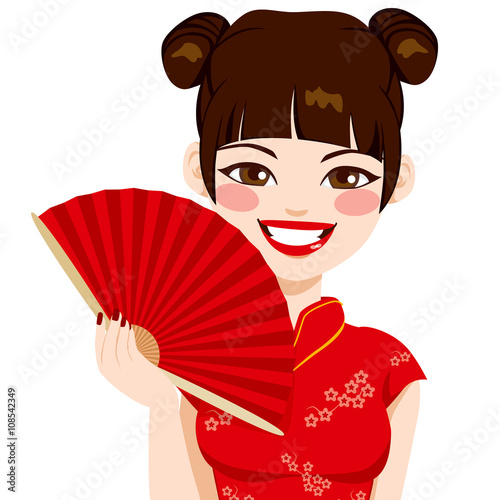 Beautiful brunette chinese woman holding red fan smiling happy