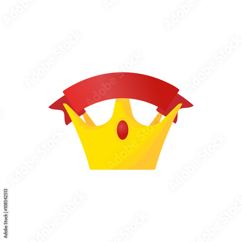 Golden crown with red riibbon icon, cartoon style  photo