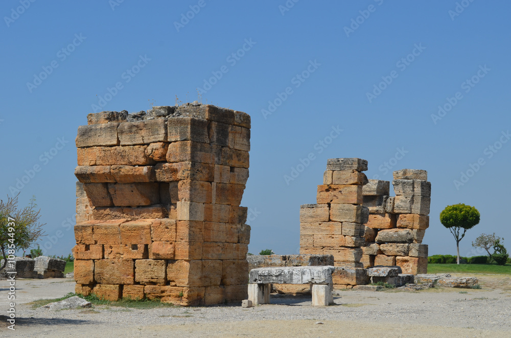 Ancient ruins on archeological site of Hierapolis, central Turkey, Pamukkale Ancient ruins on archeological site of Hierapolis, central Turkey, Pamukkale
