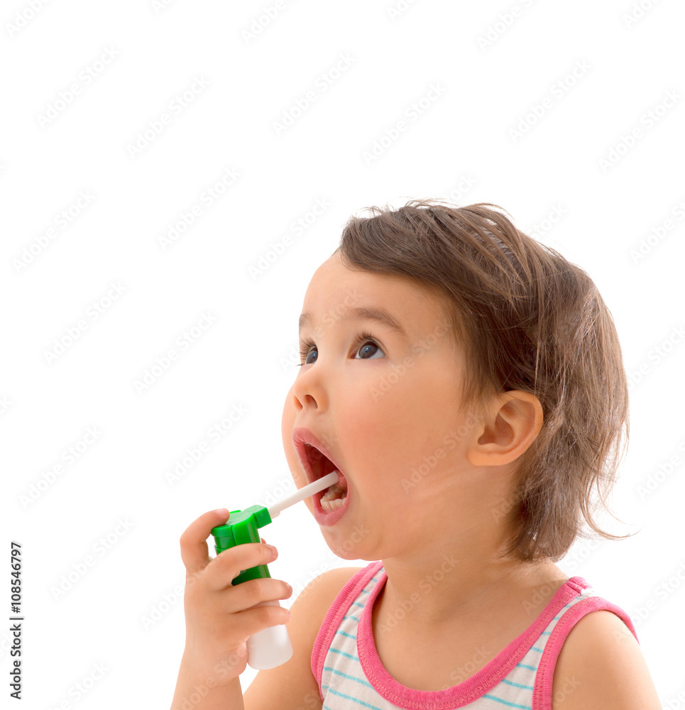 Little sick girl used medical spray for breath Little sick girl used medical spray for breath