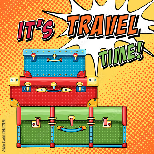 Travel pop art background with stack of colorful suitcases