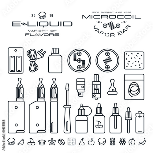 Vape labels, e-cigarette and fruit flavor icons