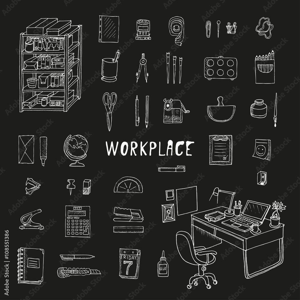 Workplace with stationery. Doodle set. Isolated Workplace with stationery. Doodle set. Isolated