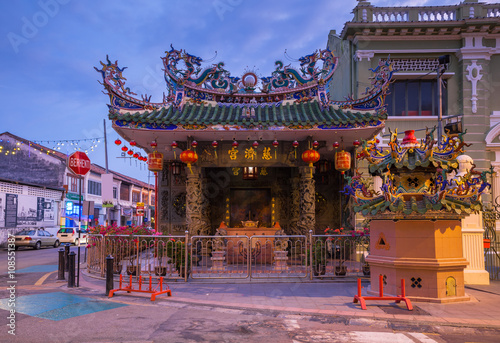 Dusk view of the Choo Chay Keong Temple adjoined to Yap Kongsi clan house, Armenian Street, George Town, Penang, Malaysia on March 24, 2016.