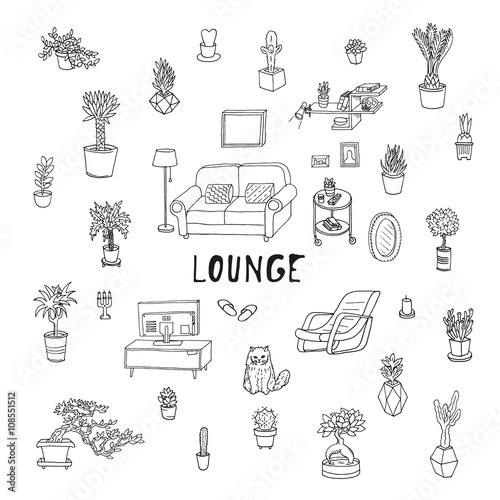 Living room. Lounge, relaxing place. Succulents and other houseplants. Doodle set. Isolated