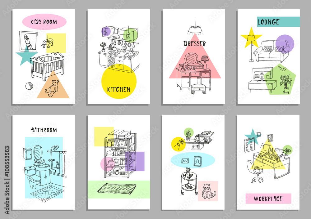 Set of eight creative cards with different interior hand drawn sketch, vector illustration. Geometric shapes. Isolated