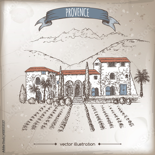 Vintage travel illustration with old Provence farm house
