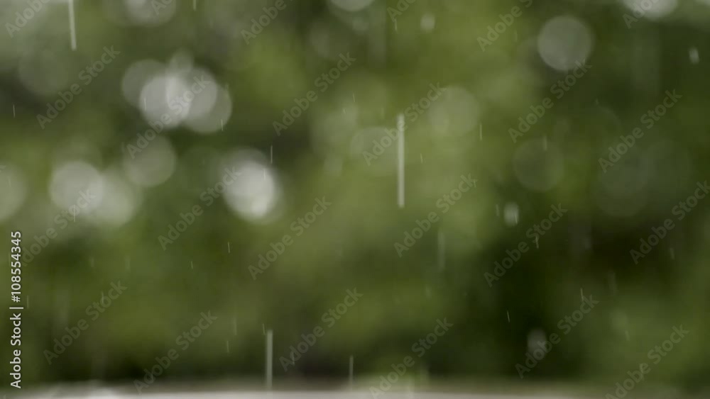 Looping background of slow motion rain drops and green bokeh