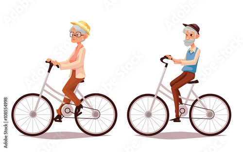 Mature couple riding bikes, vector cartoon illustration of two old people zhenschitsy men ride bicycles, old men and women involved in sports, old and the old ride bikes, isolated couple old people