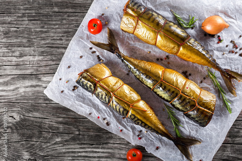 Photography Smoked fish Mackerel or Scombe, top view