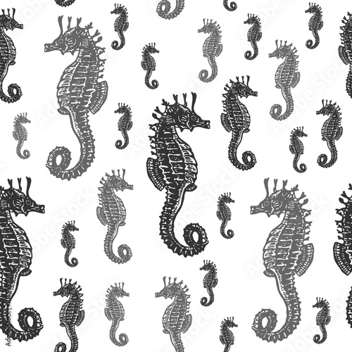 Sea Horses black and white seamless vector pattern.