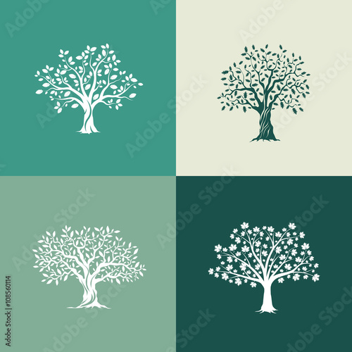 Beautiful oak, olive and maple trees silhouette set on green background. Modern isolated vector sign. 
Premium quality illustration logo design concept.