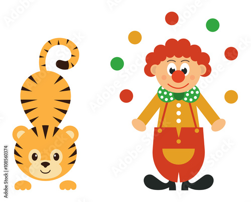 cartoon tiger and clown with balls