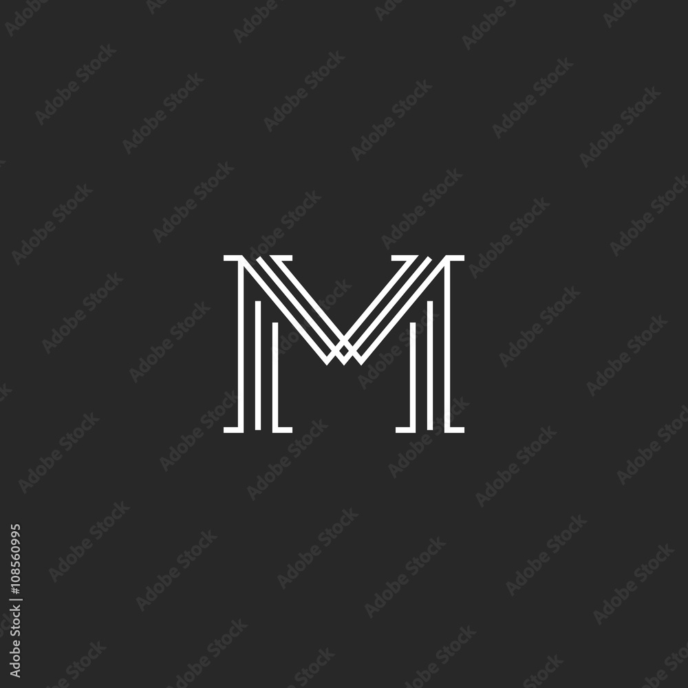 Monogram letter M logo mockup, thin line decoration hipster initial, outline black and white graphic wedding invitation emblem