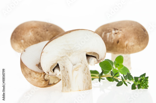 Bunch of button mushrooms with fresh oregano, on white background.