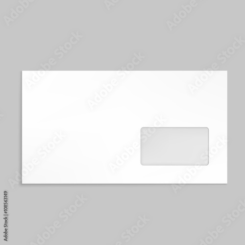 White envelope with transparent  window. Tamplate for identy design. Blank envelope isolated on light gray background with clipping path