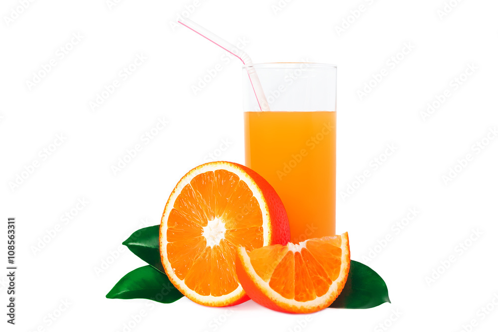 Orange juice and slices of orange isolated on white Orange juice and slices of orange isolated on white