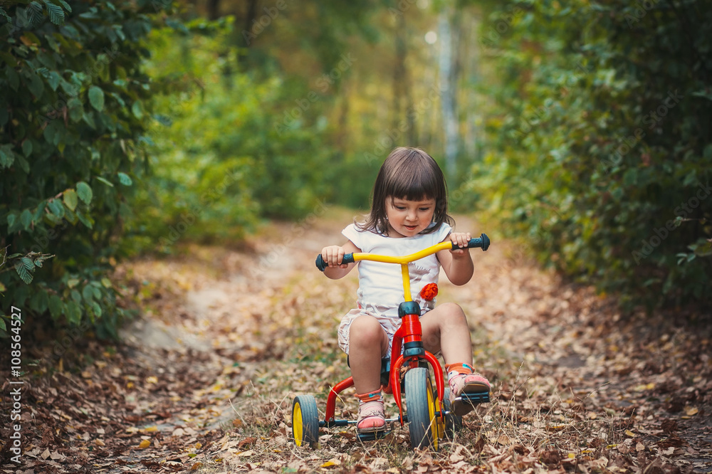 Adorable girl riding a bike on beautiful autumn day. childhood, leisure, friendship and people concept. walks in the woods on a sunny autumn day. Children playing outdoors. Happy family. series Adorable girl riding a bike on beautiful autumn day. childhood, leisure, friendship and people concept. walks in the woods on a sunny autumn day. Children playing outdoors. Happy family. series