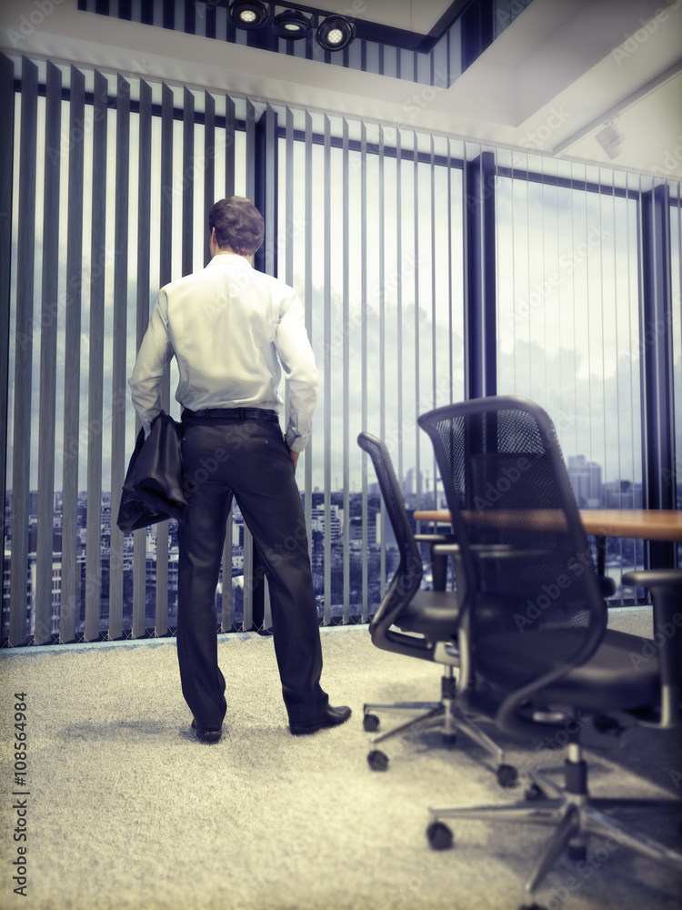 Business man looking on city through an office window. Photo realistic 3d rendering with vintage effect. 
