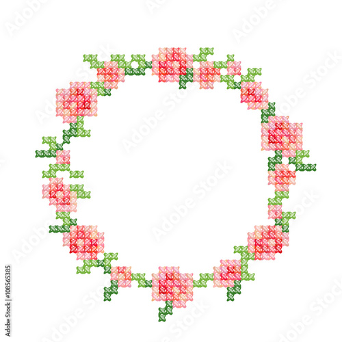Cross-stitch embroidery, vintage styled floral frame with pink roses and leafs. Vector illustration isolated on white.