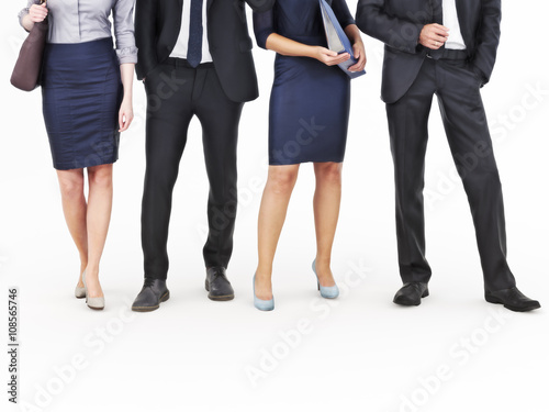 Image of a group of young businessmen and businesswomen standing on an isolated white background. Photo realistic 3d model scene