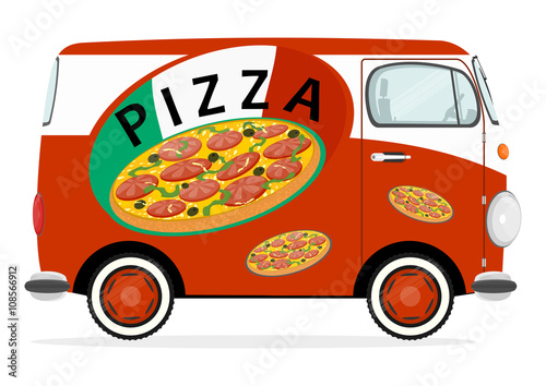 Funny cartoon pizza delivery van. Flat vector