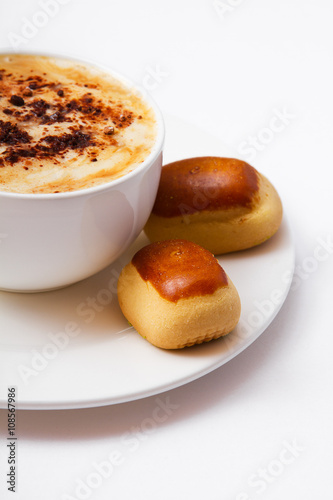 coffee cup and sweets assortment top view isolated