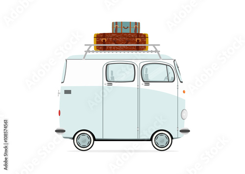 Funny cartoon van on a white background. Flat vector.