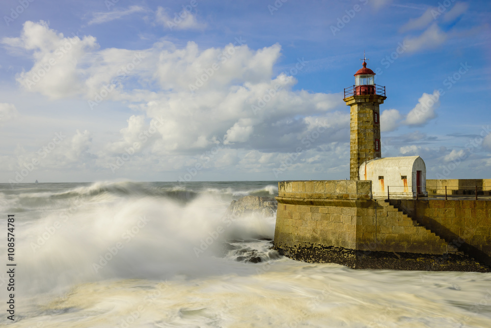 Lighthouse on the Atlantic ocean, Porto, Portugal.