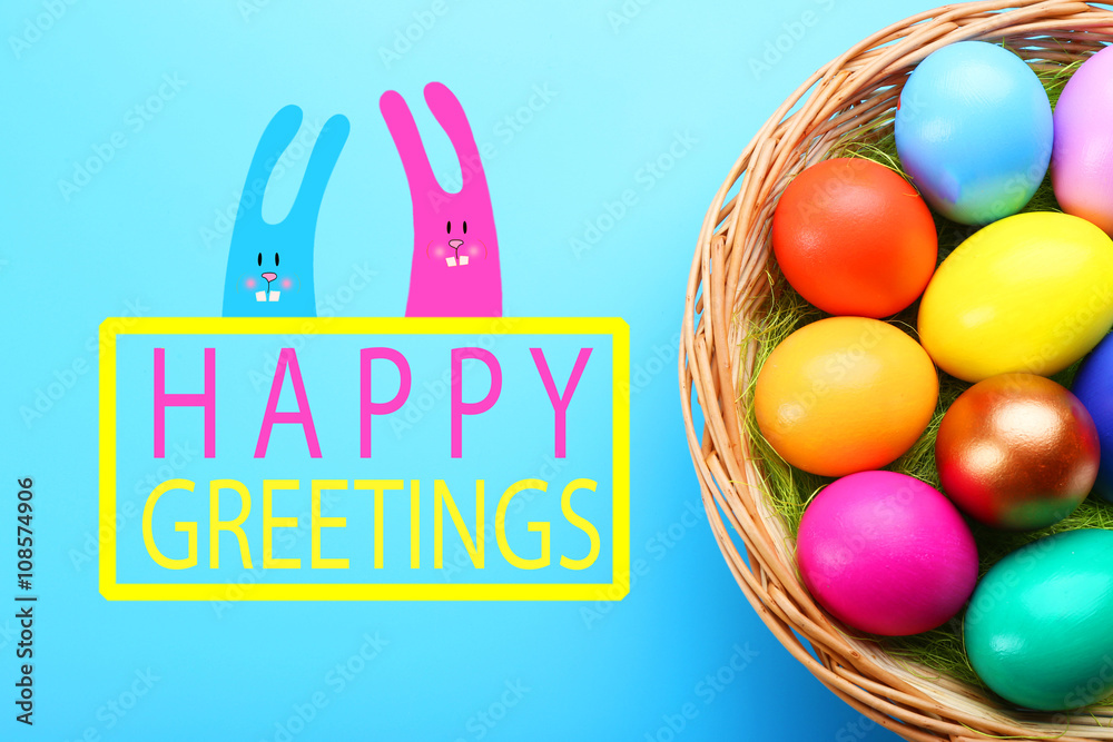Easter greeting card. Colorful eggs in nest on blue background