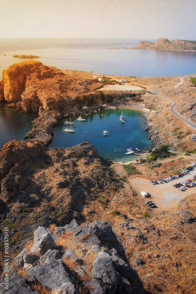 St Paul's Bay and heart shaped lake near Acropolis of Lindos, Rhodes, Greece