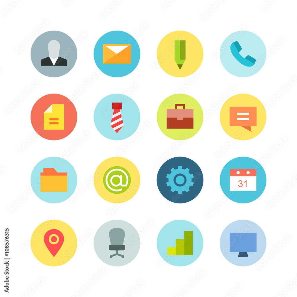 Fototapeta premium Flat business vector icon set - different bright symbols on the colored background