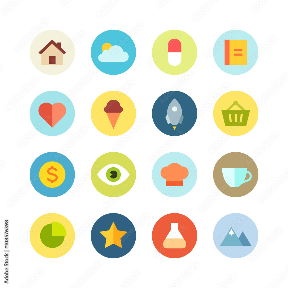 Flat vector icon set - different bright symbols on the colored background Flat vector icon set - different bright symbols on the colored background