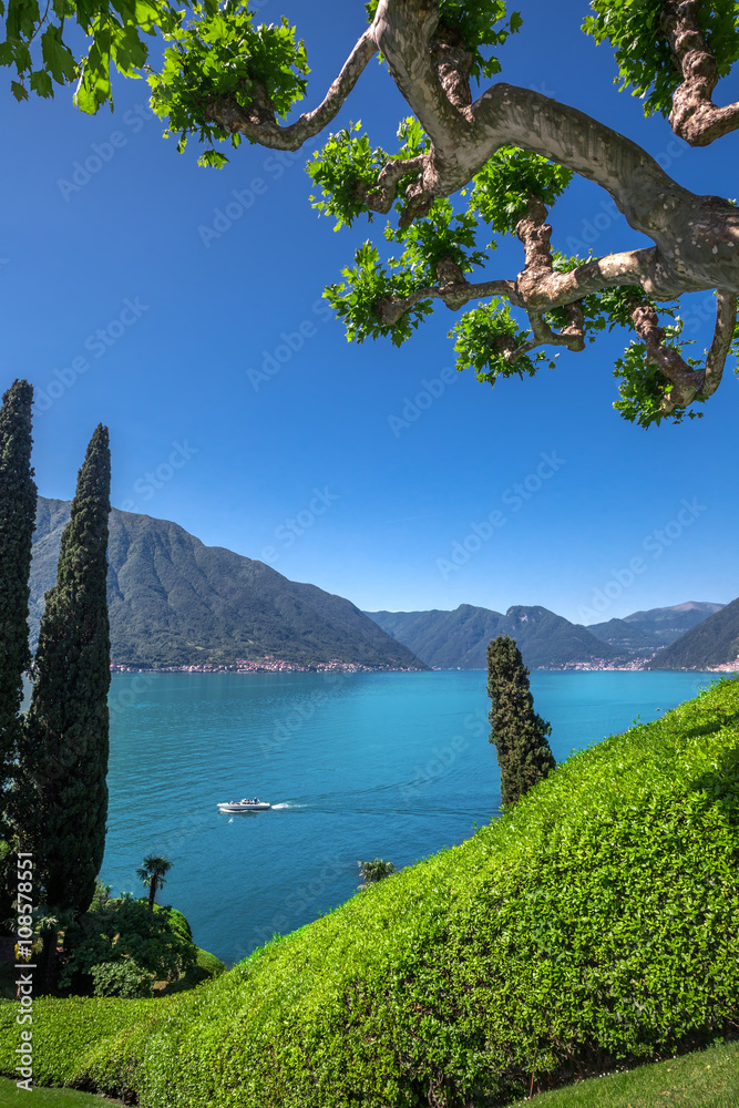 Fototapeta premium View to lake Como and Alpine mountains in Lombardy region, Italy